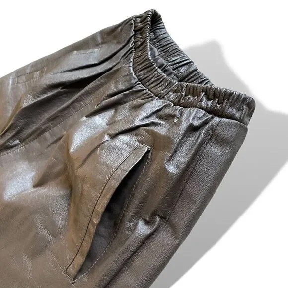 Chocolate Brown Genuine Leather High-Waisted Joggers Size:Small